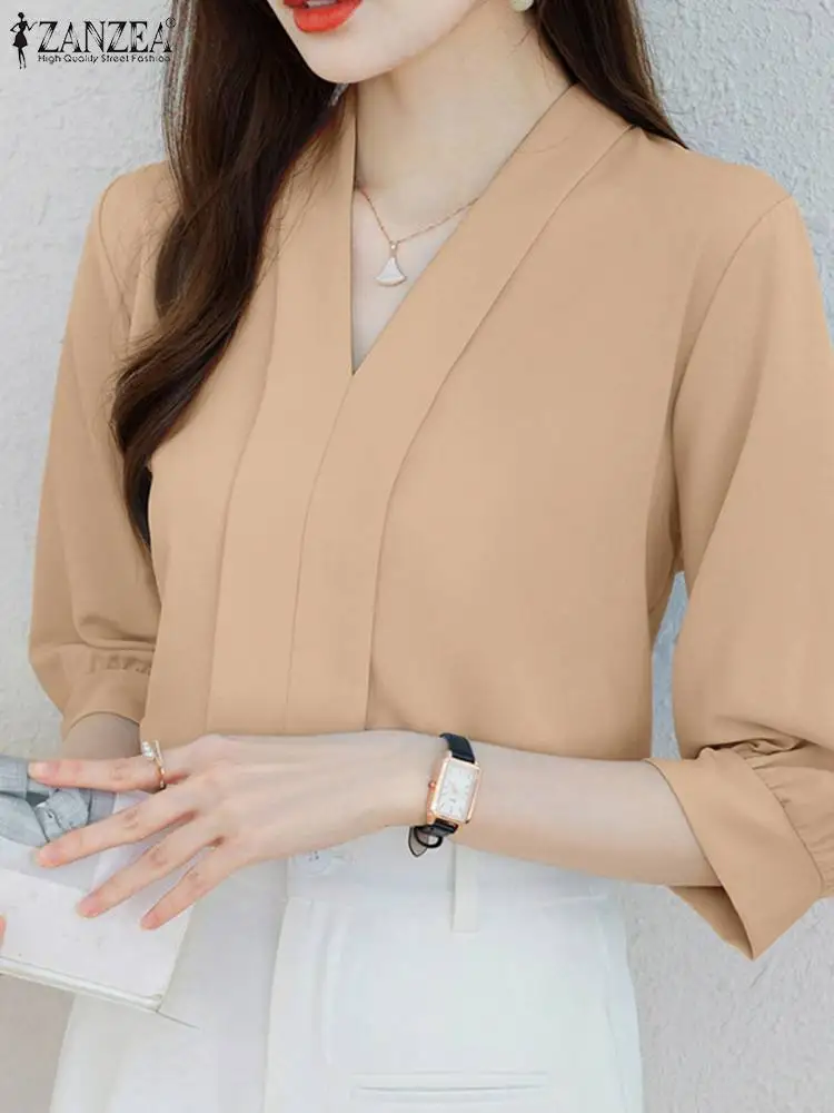 

ZANZEA Women V Neck Office Blouse Summer Half Sleeve Shirt Elegant Office Work Tops Female Solid Blouses Oversize Tunic Chemise