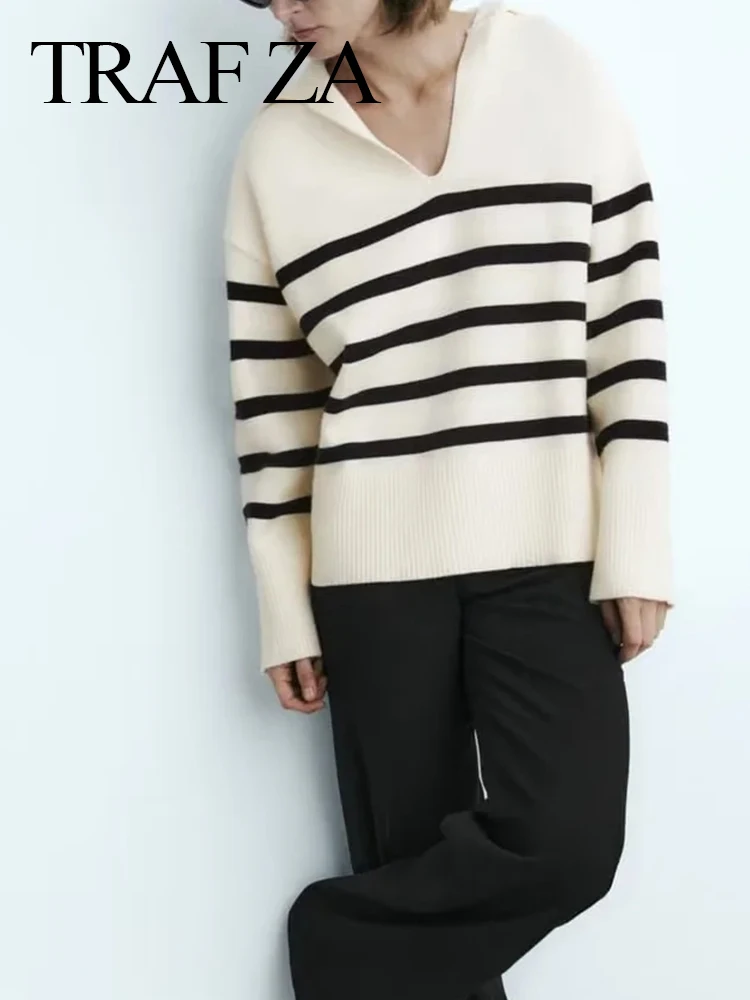

TRAF ZA 2022 Women's Fashion Loose Striped Knit Sweater Elegant Vintage V Neck Long Sleeve Ladies Coat Chic Tops Pullover Mujer