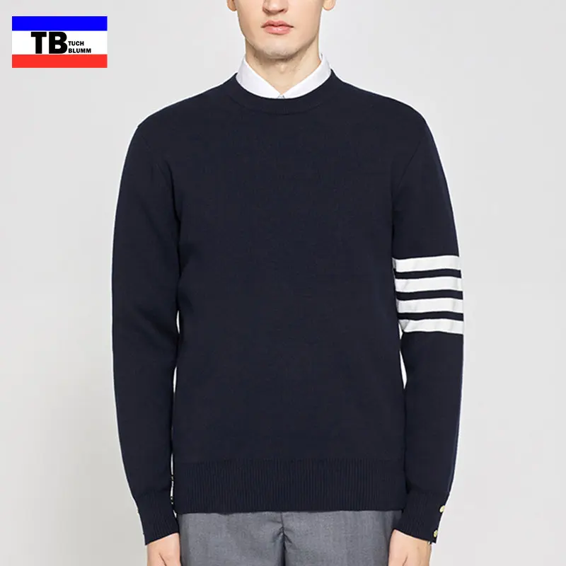 

Men Sweater 2022 Casual Stripe Slim Knitting TB Wool Sweaters Vintage O-Neck Long Sleeve Thom Pullover Tops Korea Fashion