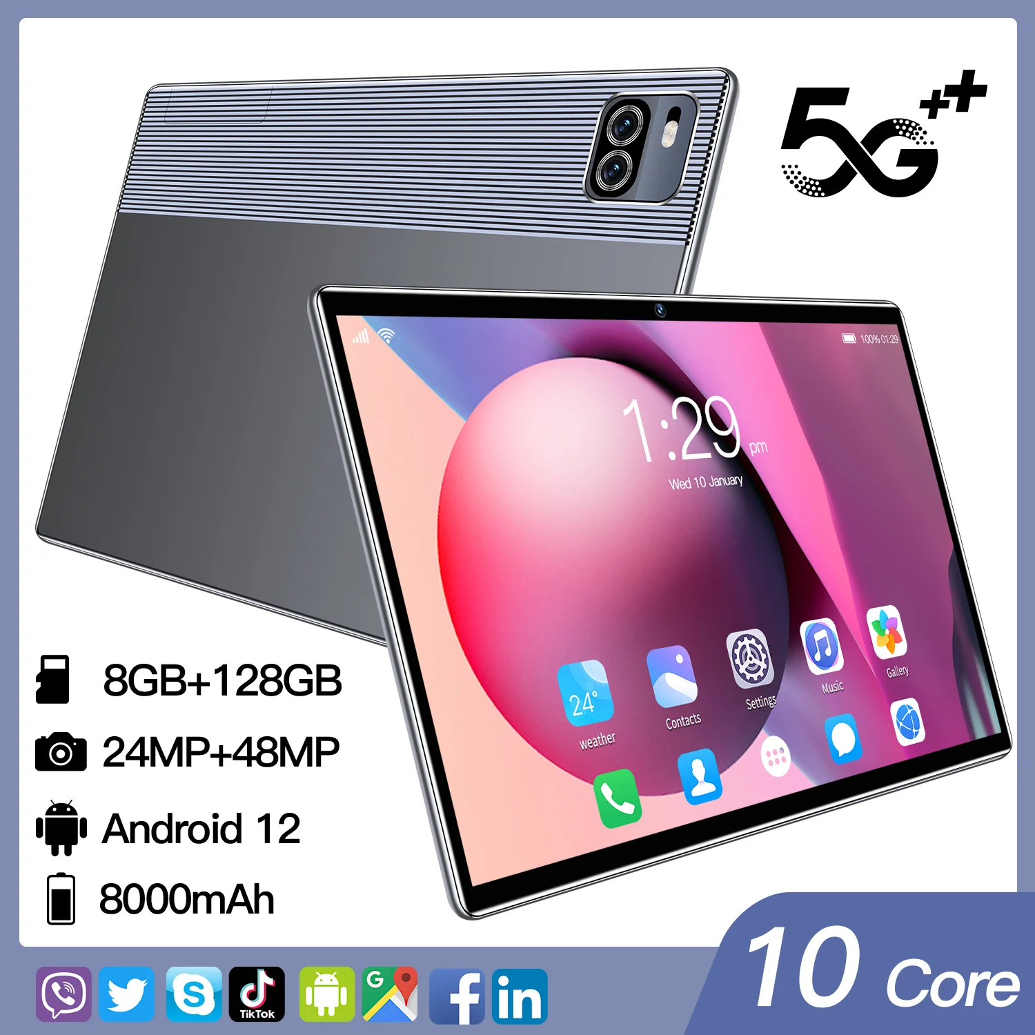 

2022 New 10.1-inch tablet computer New Android 12.0 tablet computer 8GB+168GB+dual card+GPS+FM+wifi+Bluetooth+face recognition