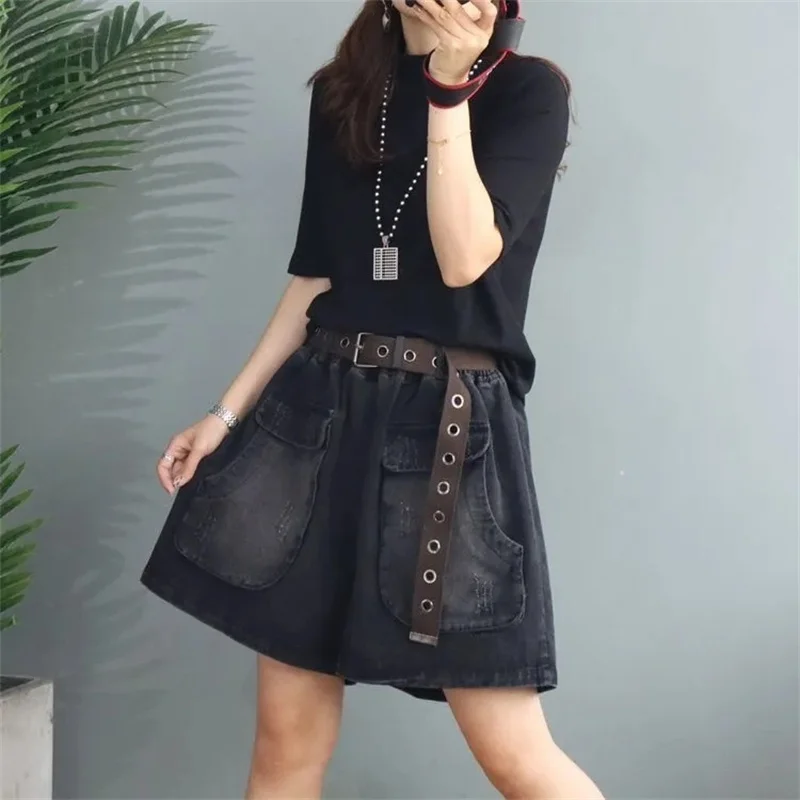 Fashion Washed Denim Shorts Jeans Women's 2022 Spring And Summer New Loose Straight Wide Leg Pants Female Pant Black Jeans