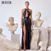 jeheth black sexy halter sequins evening dress backless side split prom nightclub party gown long floor length vestidos de noche