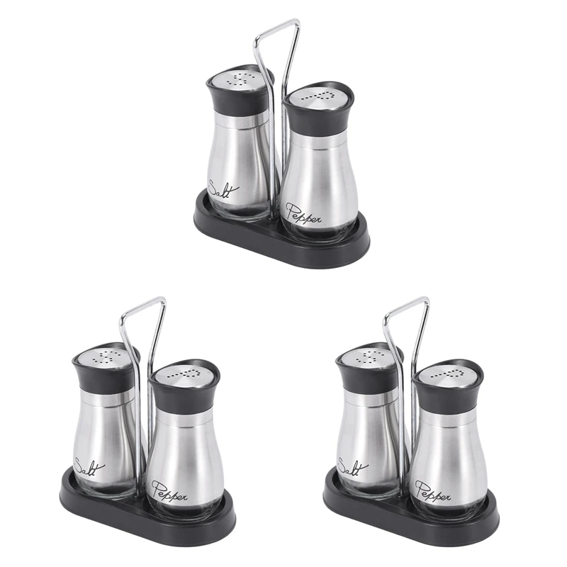 

3 Set Salt And Pepper Shakers Set - High Grade Stainless Steel With Glass Bottom And 4 Inch Stand 4 Oz.