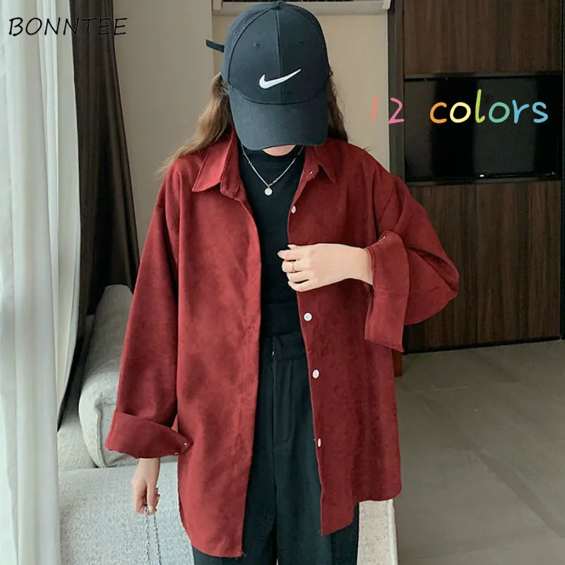 

Shirts Women Thicker Single Breasted College High Quality Casual Harajuku Basic Loose Tops Chic Solid All-match Candy Colors BF