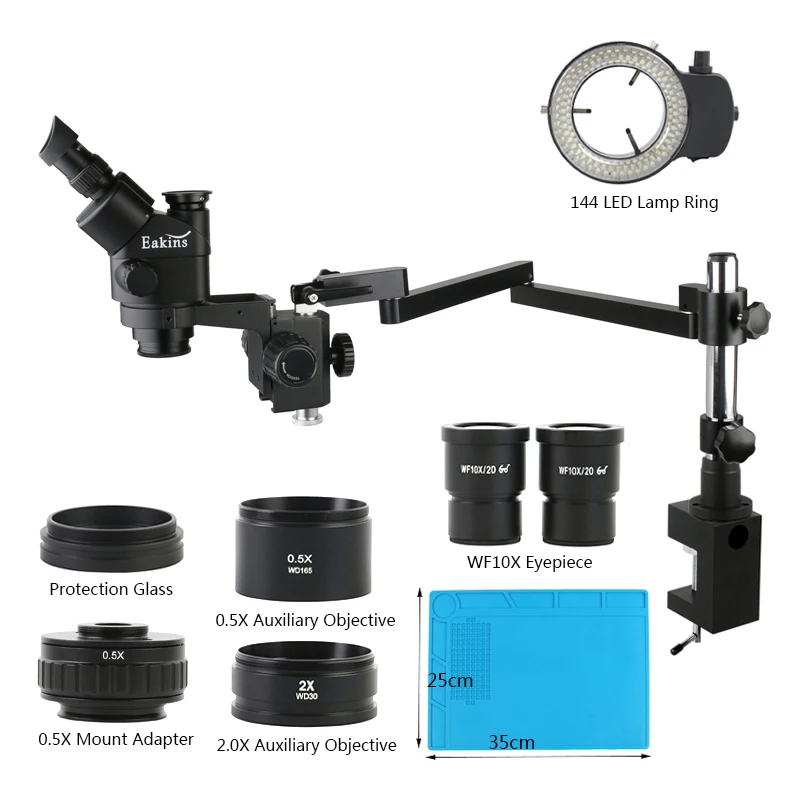 

3.5X-90X Trinocular Stereo Microscope Articulating Arm Clamp + 0.5X 2.0X Auxiliary Objective Lens 144 Light For Phone PCB Repair