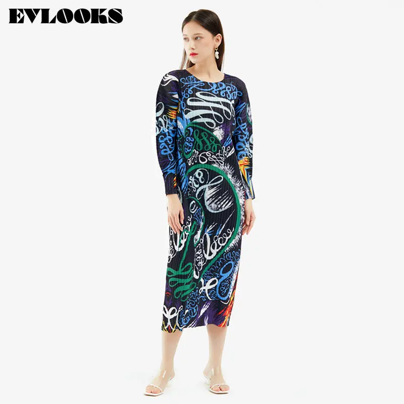

EVLOOKS Miyak Women Pleated Printed Long Dress Elegant New O-Neck Long Sleeve Loose Fit Fashion Tide Spring Summer 2023