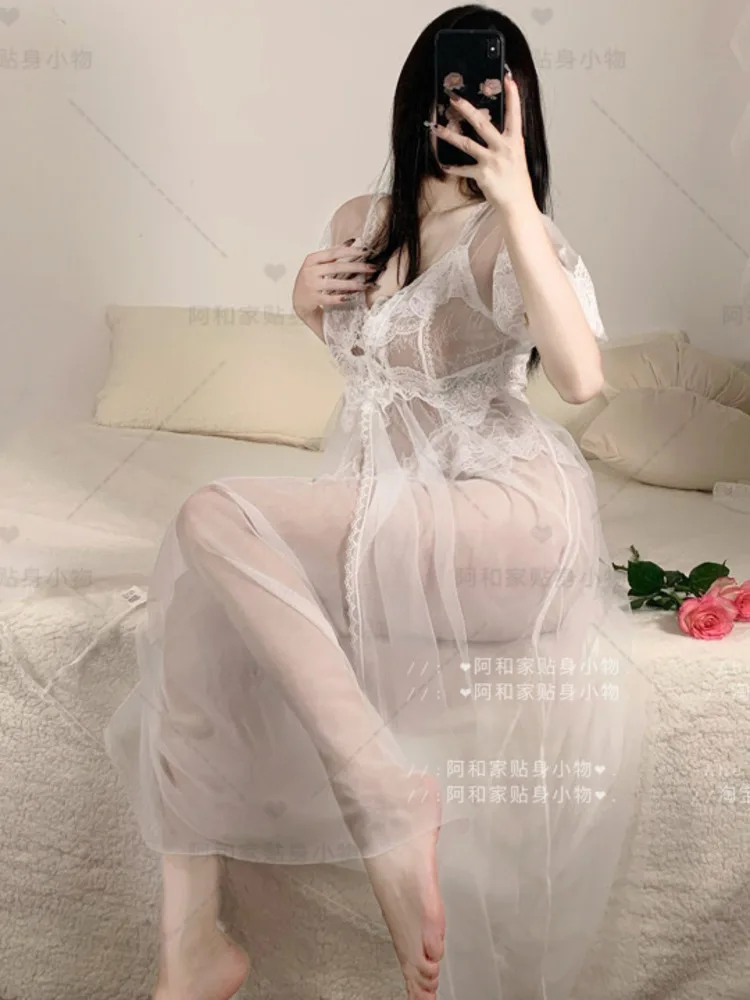 

WOMENGAGA Mesh Lace Transparent Ruffles Maxi Long Dress Sexy Korean Women Robe Two Pieces Dresses Sweet Fairy Female Girl 1B68