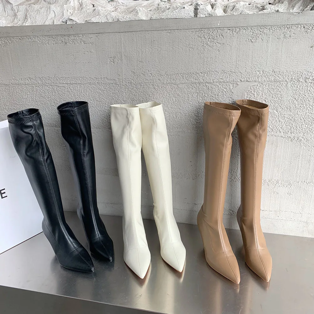 

Fashoin Women Knee High Booties Sock Boots Thin High Heels Winter Autumn Stretch Shoes Woman Black White Khaki Slip On Boots
