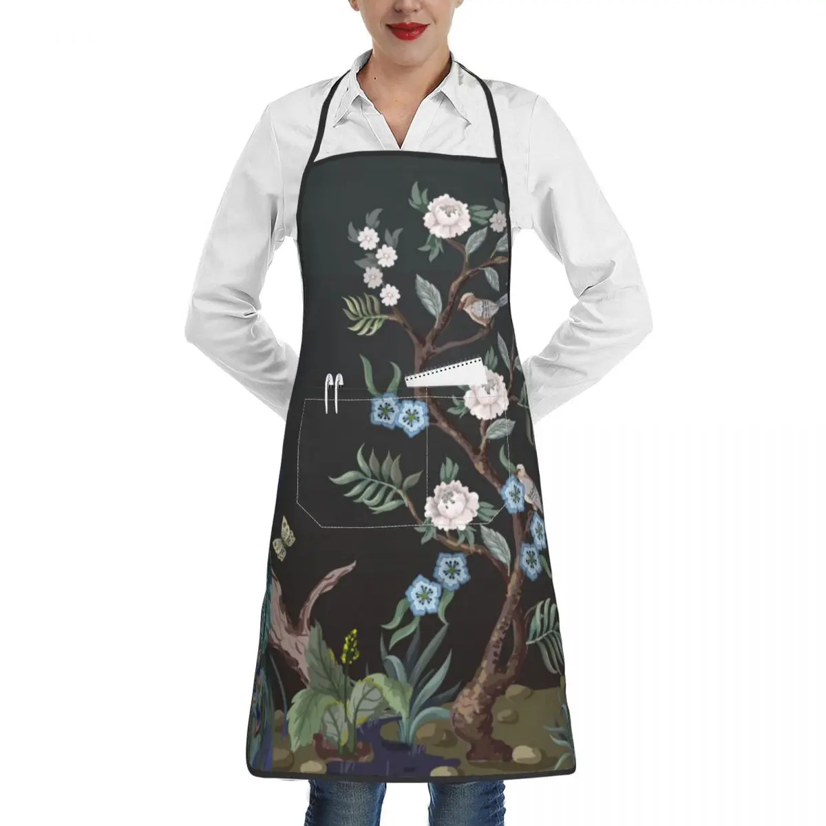 

Chinoiserie Herons Peacock And Peonies Apron for Men Women Adult Kitchen Chef Bib Tablier Cuisine Cooking Baking Painting