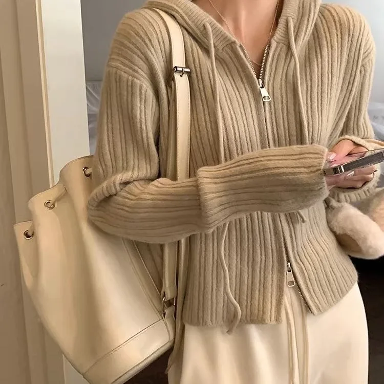 

Korean Chic Chic Double Zipper Hooded Sweater Women's Autumn New Simple Pit Strip Outer Knitted Cardigan