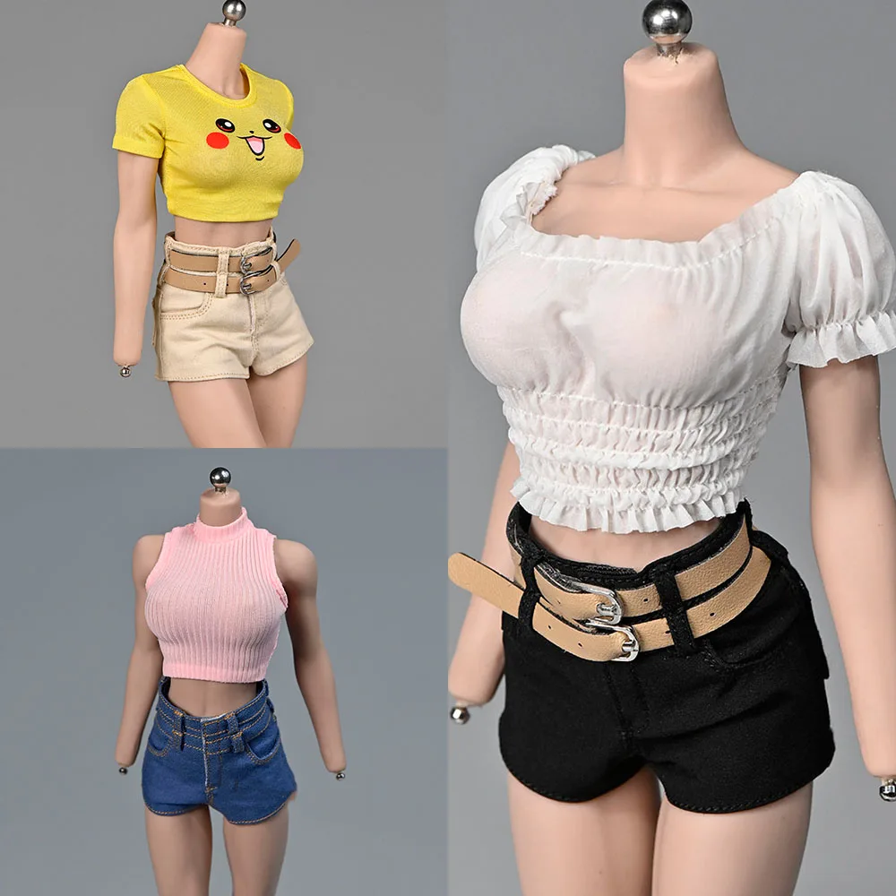 

1/6 Female Slim Sleeveless Vest Bottoming Stripe T-shirt Double Layer High Waist Shorts Hot Pants for 12‘’ PH TBL Action Figure