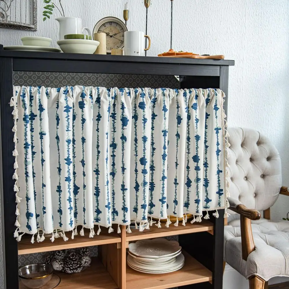 

NEW Kitchen Short Curtains Blue Striped Printing Dustproof Cotton Linen Curtain Wine Cabinet Door Window Curtains
