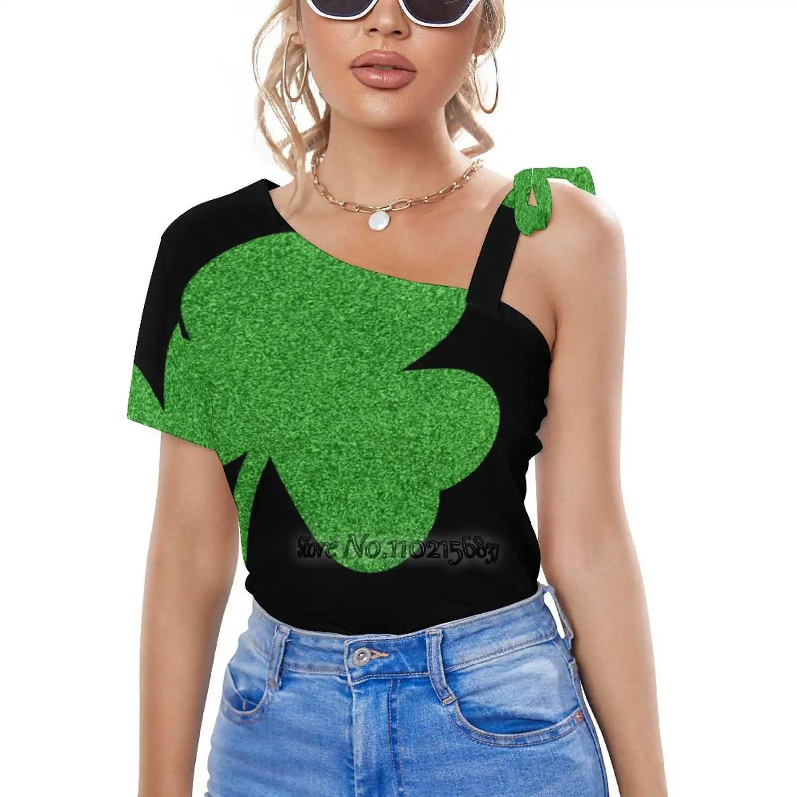 

Зеленая блестящая женская футболка Shamrock, топ на одно плечо со шнуровкой, сексуальные футболки, топы с вырезами, футболки, Ирландия, Патрик, С...