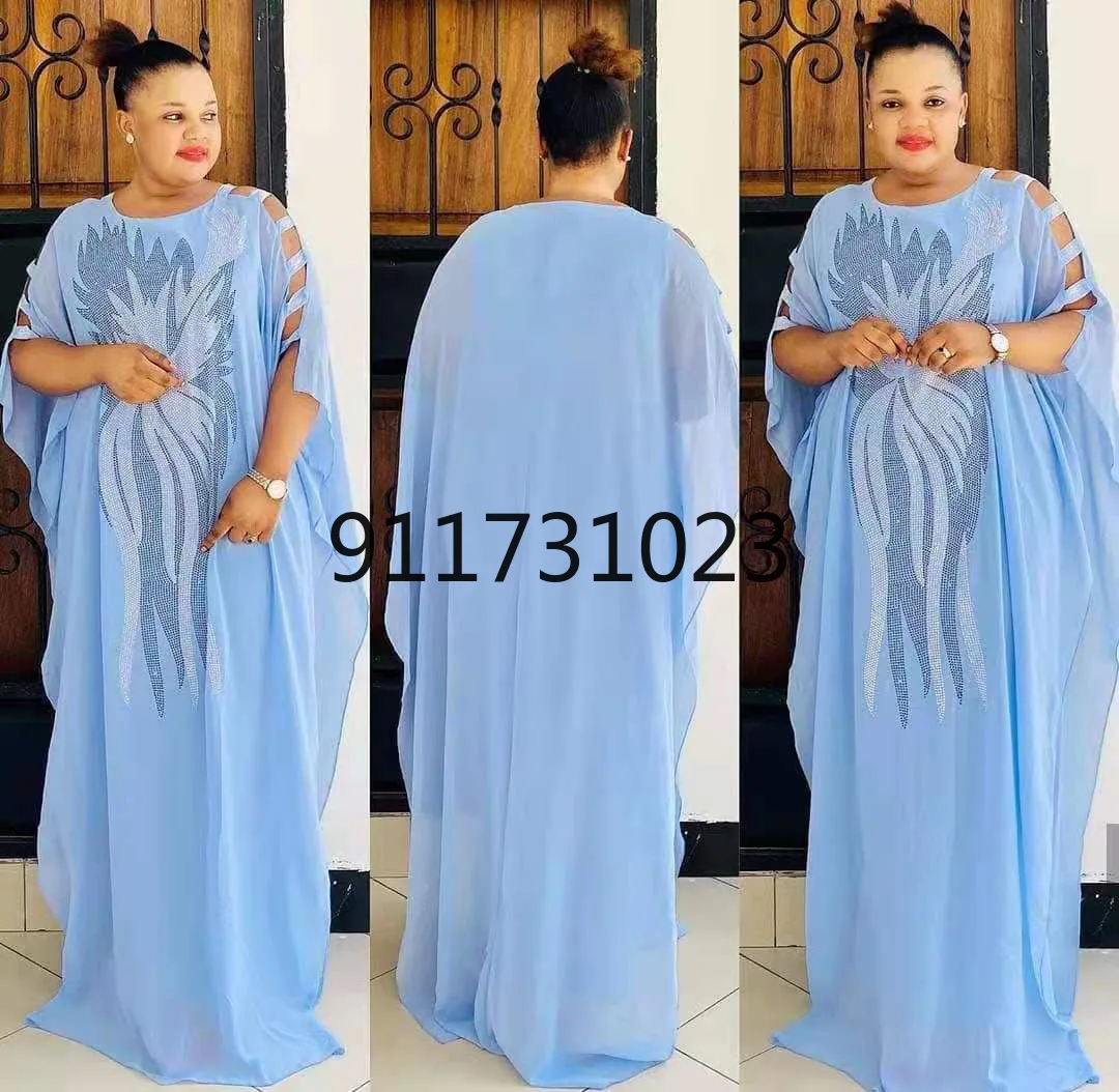 

New African Dashiki Women's Fashion Abaya Stylish Chiffon Fabrics Hot Drilling Loose Long Dress Free Size + Inside