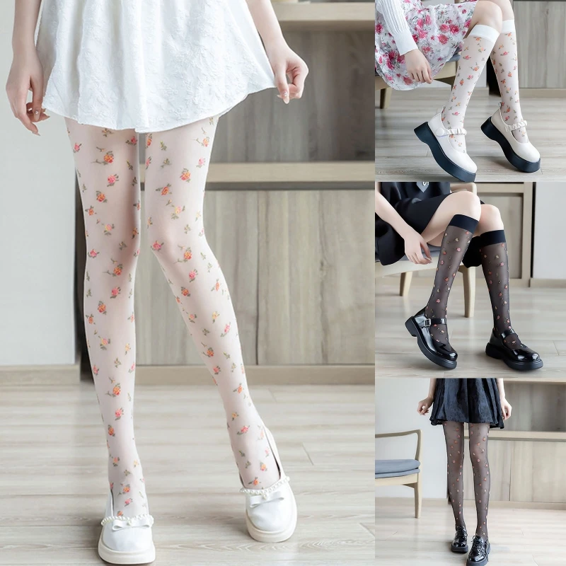 

449B Women Lolita Thin Silky Pantyhose French Style Vintage Sweet Colorful Floral Printed Tights Stockings Cosplay Semi Sheer