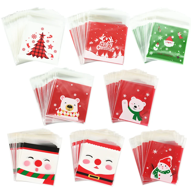 

100pcs Christmas Candy Cookie Bags Santa Claus Xmas Tree Self-Adhesive Package Bag Biscuit Snack Gift Bags for New Year Navidad