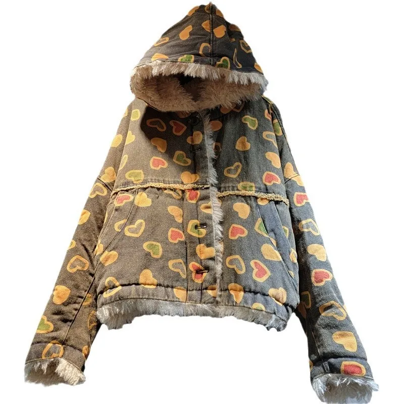 WTHT винтажное модное женское теплое пальто с плюшевым принтом и капюшоном 2024