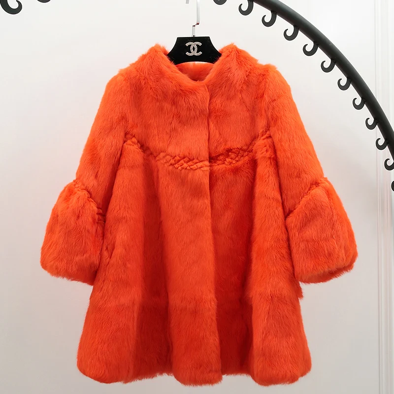 ZDFURS *Elegant stand collar wave cut full pelt natural rabbit fur coat outerwear women's winter 2017 loose genuine fur jacket
