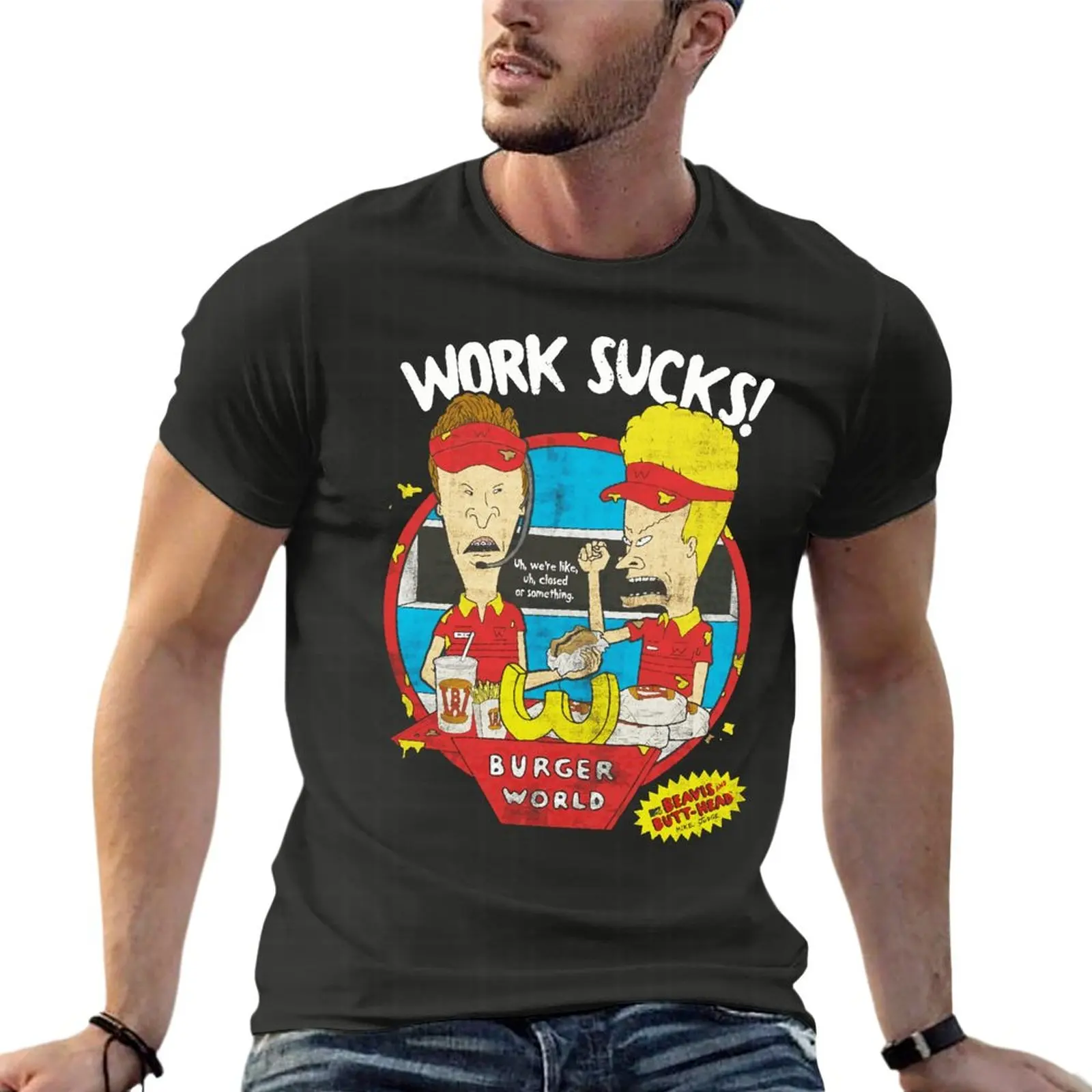 

Beavis Butthead Work Sucks Funny Oversized T-Shirts Custom Men'S Clothing Short Sleeve Streetwear Big Size Tops Tee