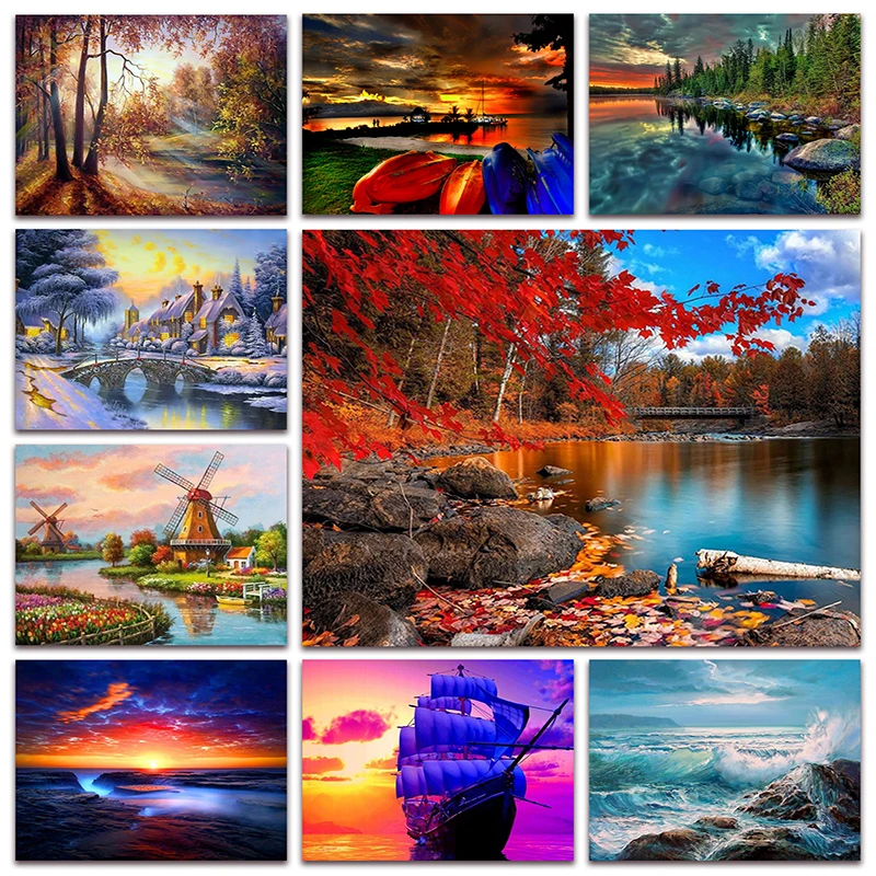 

New Full Diamond painting mosaic embroidery landscape river snow sunset ship maple forest autumn Cross stitch Home decor S067