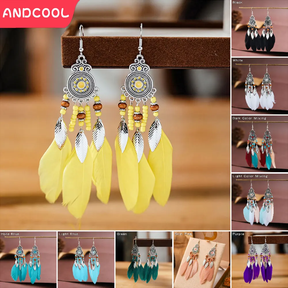 Серьги с перьями длинные этнические серьги в стиле бохо для женщин 2024 трендовые