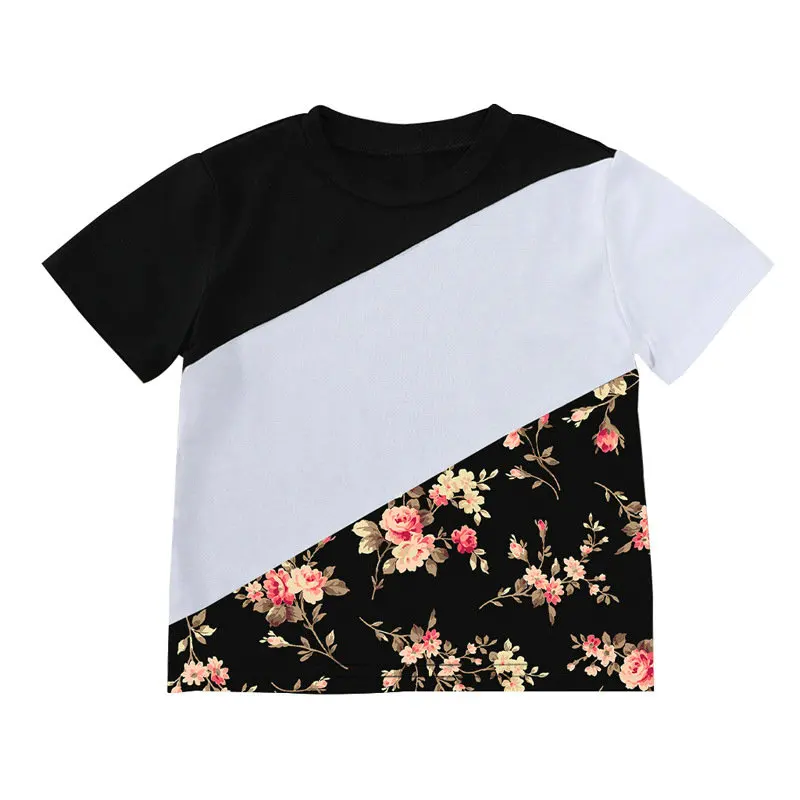 

3-8Y Black White Colorblock Tie Dye Kids Boys Girl Summer Short Sleeve T-shirt Teen Children's Cotton Patchwork Tshirt Clothes