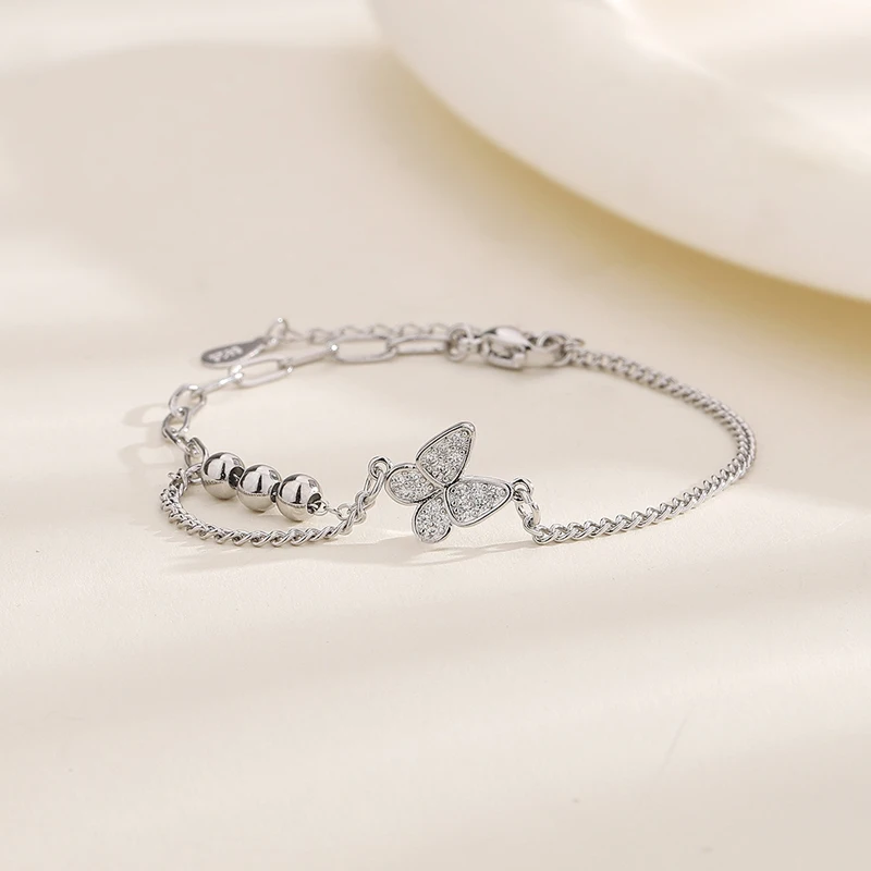 

KOFSAC Fashion OL Commuter Zircon Butterfly Bracelets Beautiful Double Layer 925 Silver Jewelry Small Balls Bracelet For Women