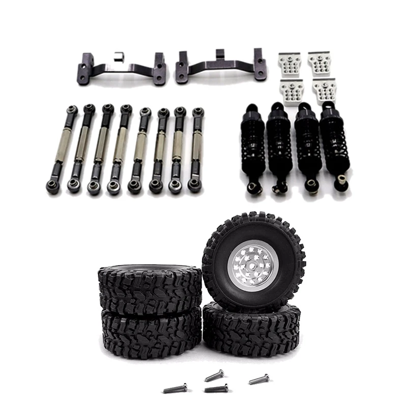 2 Set RC Car Part: 1 Set Metal Pull Rod Tie Rod Pull Rod Base Shock Absorber & 1 Set Metal Wheel Rim Tyre Tires Set
