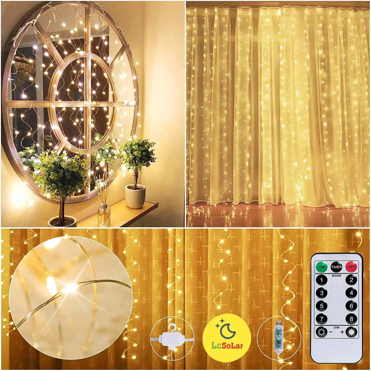 300LED Curtain Lights Dimmable 3*3M USB Adapter Window String Lights  Remote Twinkle Fairy 8 Lighting Modes for Party Bedroom