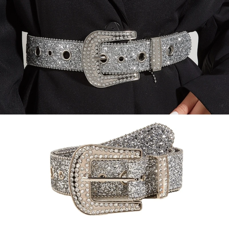 Western  Belt Full Diamond Adjustable Pin Buckle Belt for Skirt Jeans