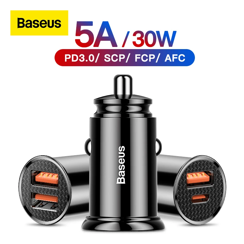 Baseus شاحن سيارة 30 واط QC 4.0 QC 3.0 ل شاومي هواوي سوبر تشارج SCP سامسونج AFC PD شحن سريع ل IP USB C شاحن الهاتف