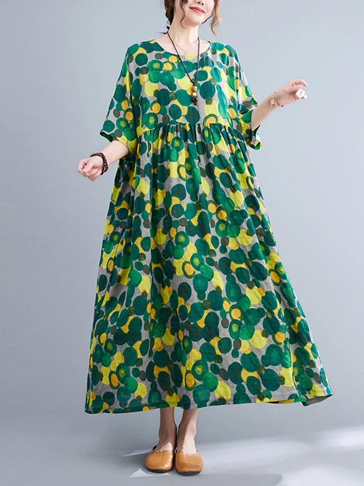 

Patchwork Vintage Polka Dot Print Dresses For Women New Short Sleeve Cotton Loose Casual Long Summer Dress Elegant Clothing 2022