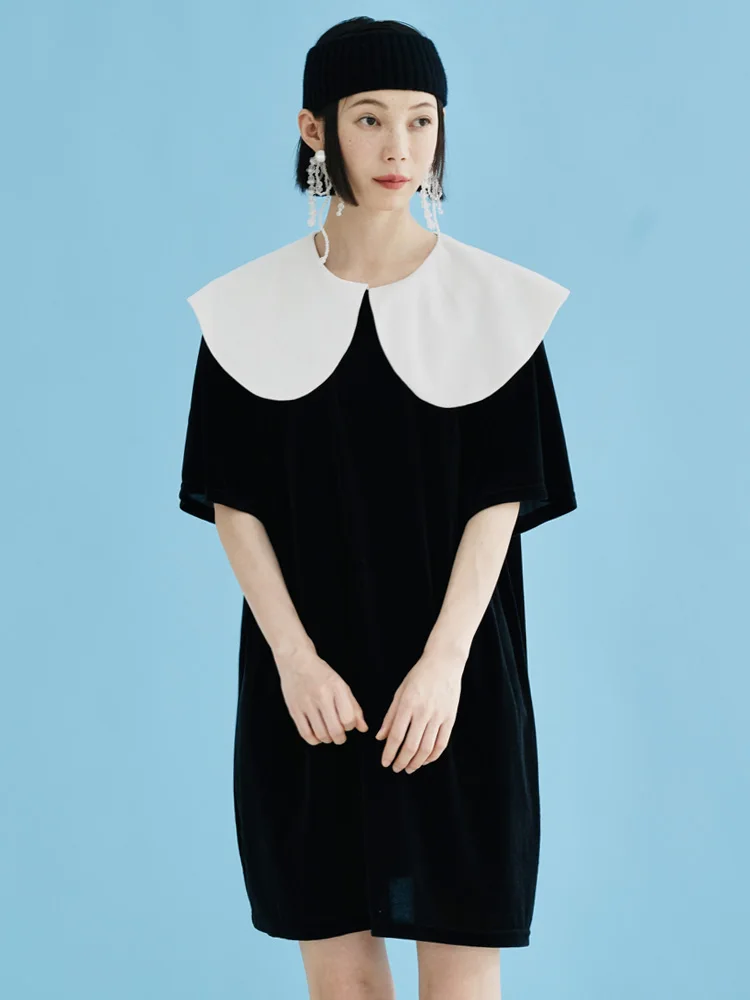Imakokoni original 2022 Summer Black and white Patchwork lapel Dress Short sleeve women 223701