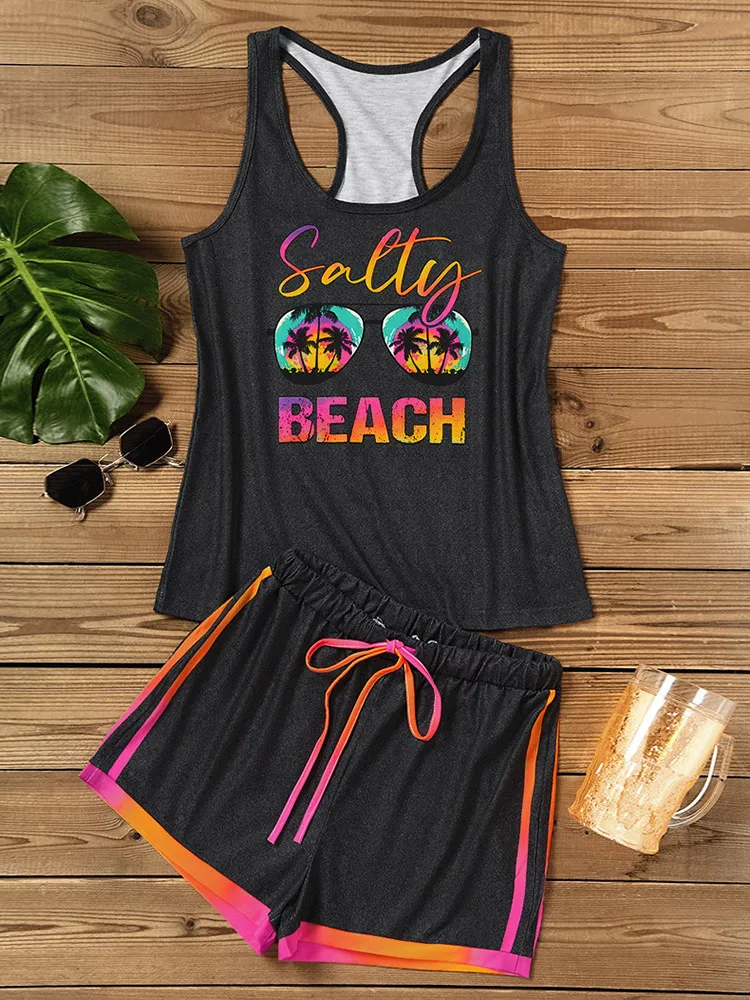 Salty Beach Gradient Coconut Tree Glasses Tank And Shorts Pajamas Set Mujer Sleepwear Set Sleeveless Top+Shorts Homewear