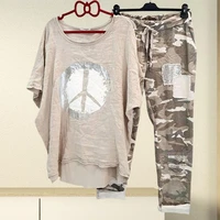 1 set t shirt pants camo print camouflage drawstring summer relaxed fit asymmetrical button tops long pants outfit streetwear