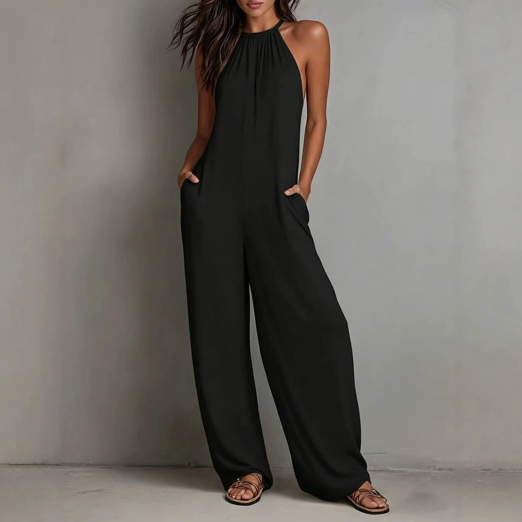 Фото Повседневный комбинезон для женщин без рукавов, с воротником-халтер, широкими штанинами, черный, с передними карманами, белый, макси-длина, однотонный №2