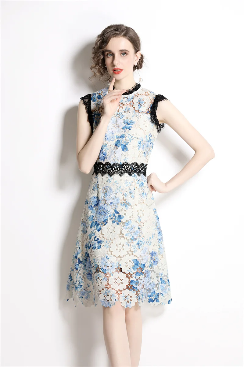 

High Quality Women Summer Elegant Lace Dress Sexy Hollow Out Cocktail Party Robe Female Vintage Blue Sleeveless Dresses Vestidos