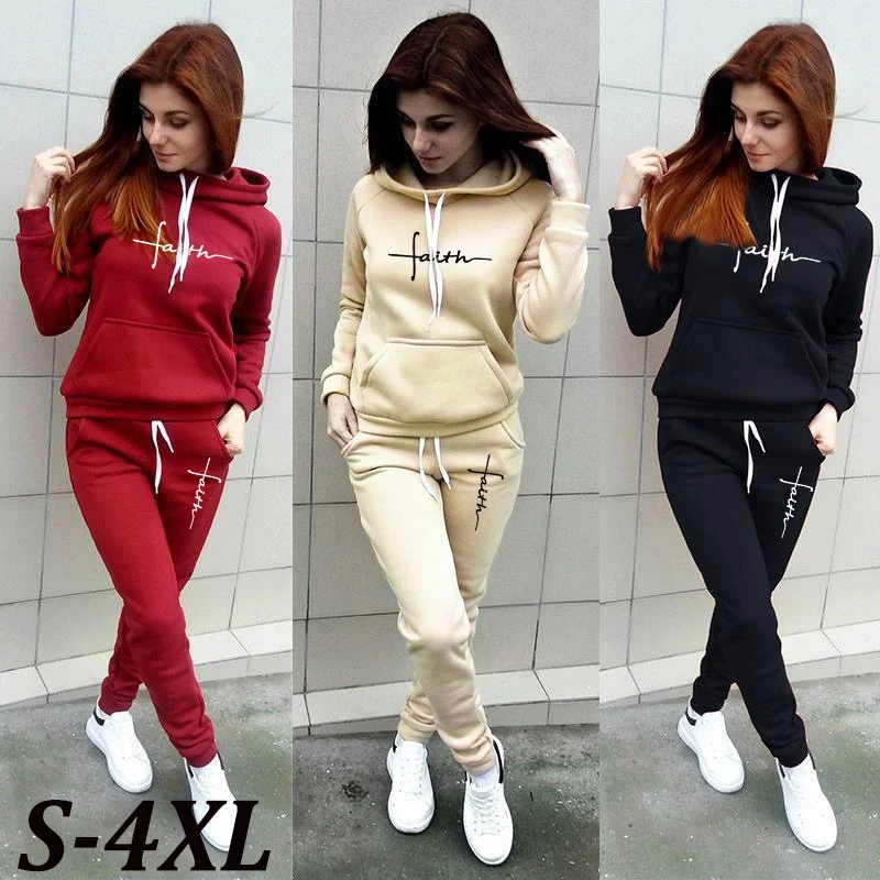 

2022 Spring Casual Faith Printed Long Sleeve Women's Tracksuit Fashion Solid Color Pullover Hoodie and Sweatpants Women's Suit