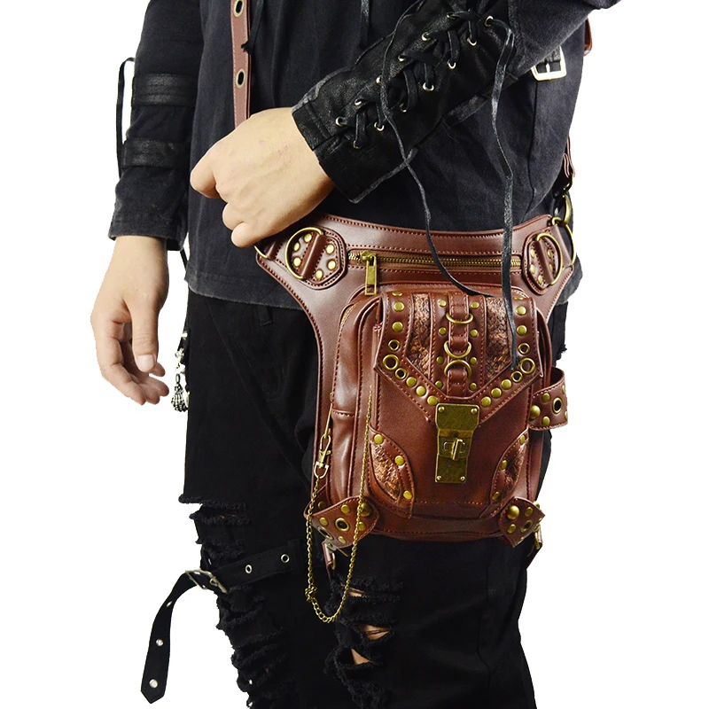 

Retro SteamPunk Leather Waist Bag Serpentine Crossbody Bag Rock Men Women Gothic Black Fanny Packs Fashion Motorcycle Leg Bags