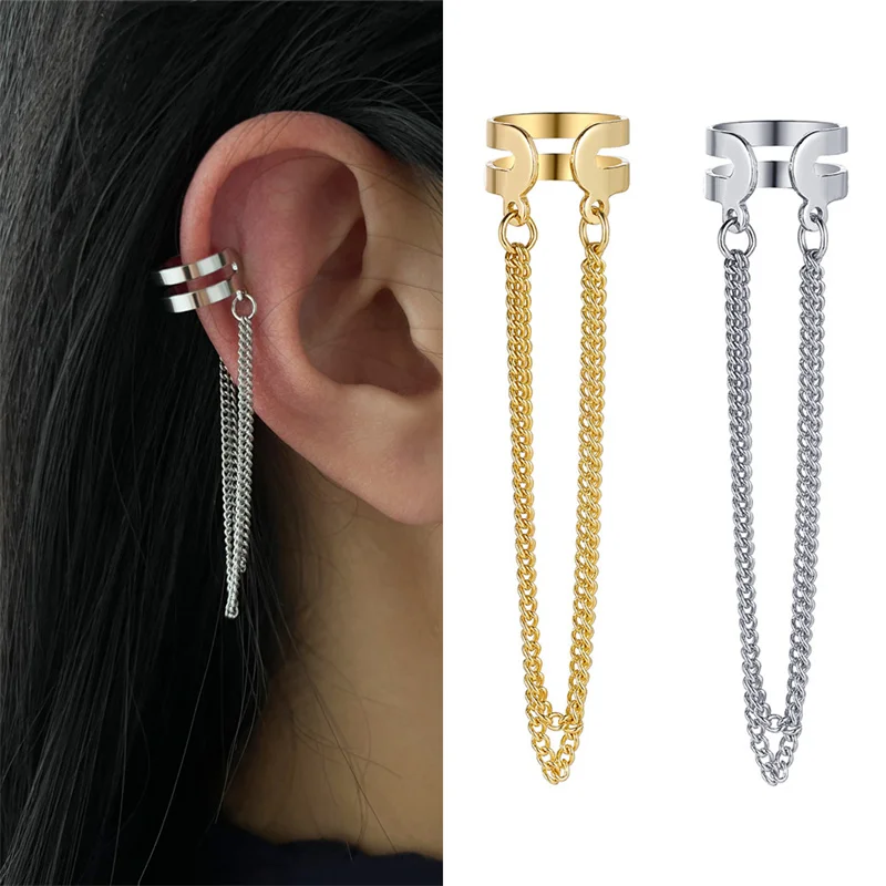 

New New Double Chain Tassel Clip Earrings for Women Men Creative Hip Hop Non-Piercing Fake Cartilage Ear Cuff Fashion Jewelry