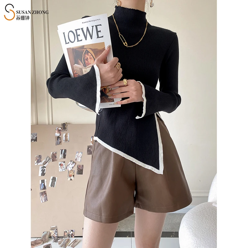 

Designer Fall Sexy Fashion Split Contrast Color Mock Neck Pullover Sweater For Women Sweaters Tops