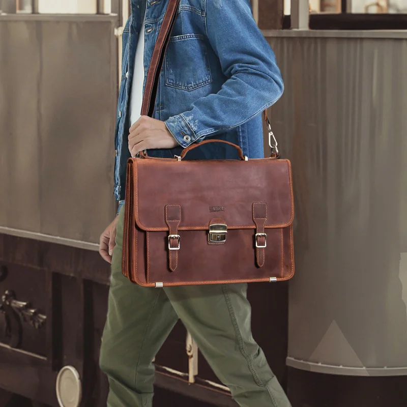 New First Layer Cowhide Men's Business Briefcase Genuine Leather Can Hold 14 Inch Laptop Messenger Luxury Single Shoulder Bag