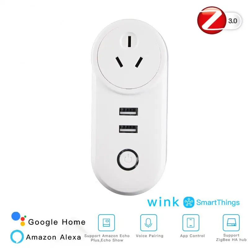 Умная розетка Aubess ZigBee 3,0, ЕС/FR/BR, 10 А, С 2 USB-интерфейсами, голосовое управление, работает с SmartThings Wink Echo Plus