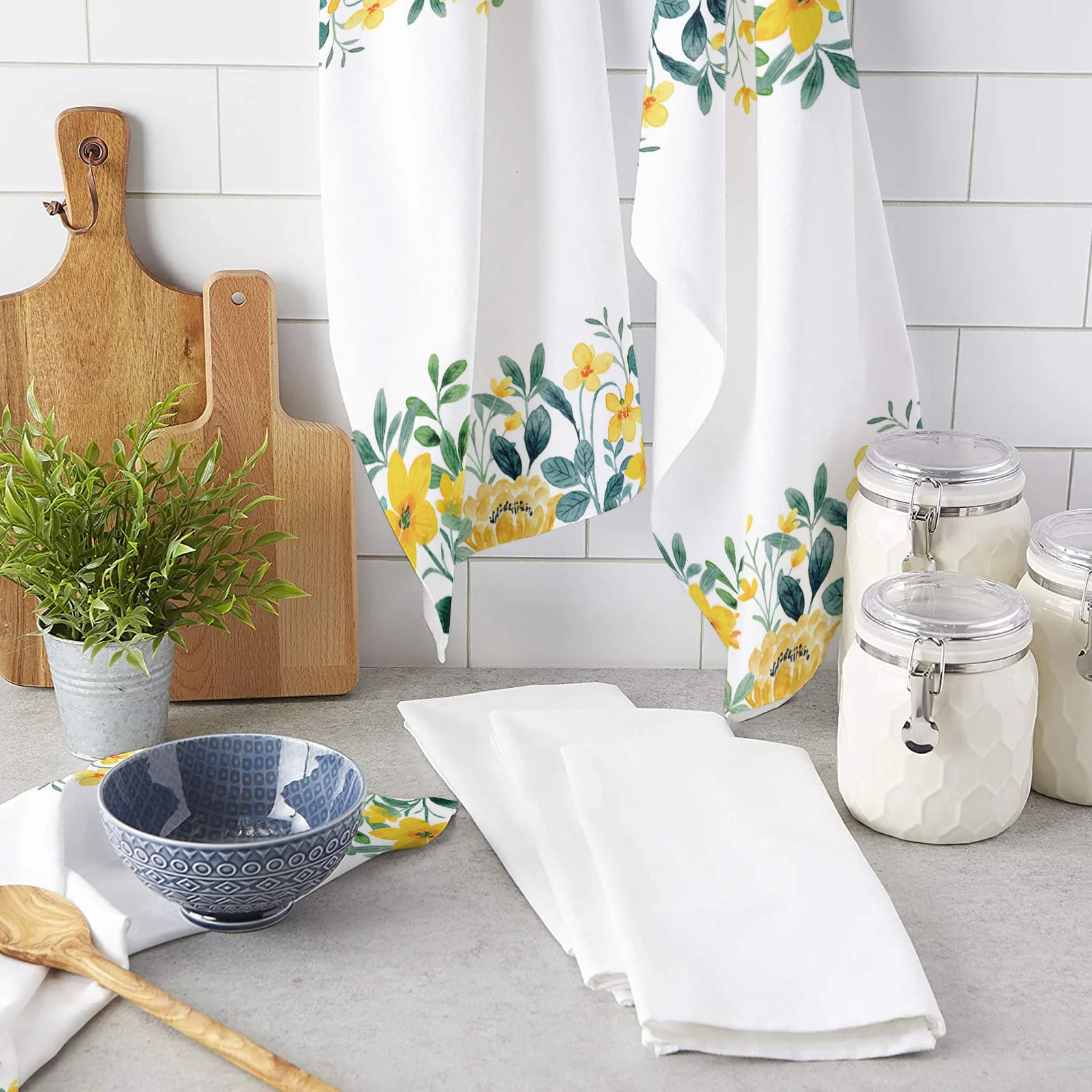 

Spring Yellow Flower Watercolor Microfiber Kitchen Towel Dish Cleaning Towels Absorbent Rag Household Cleaning Tool Tea Cloth