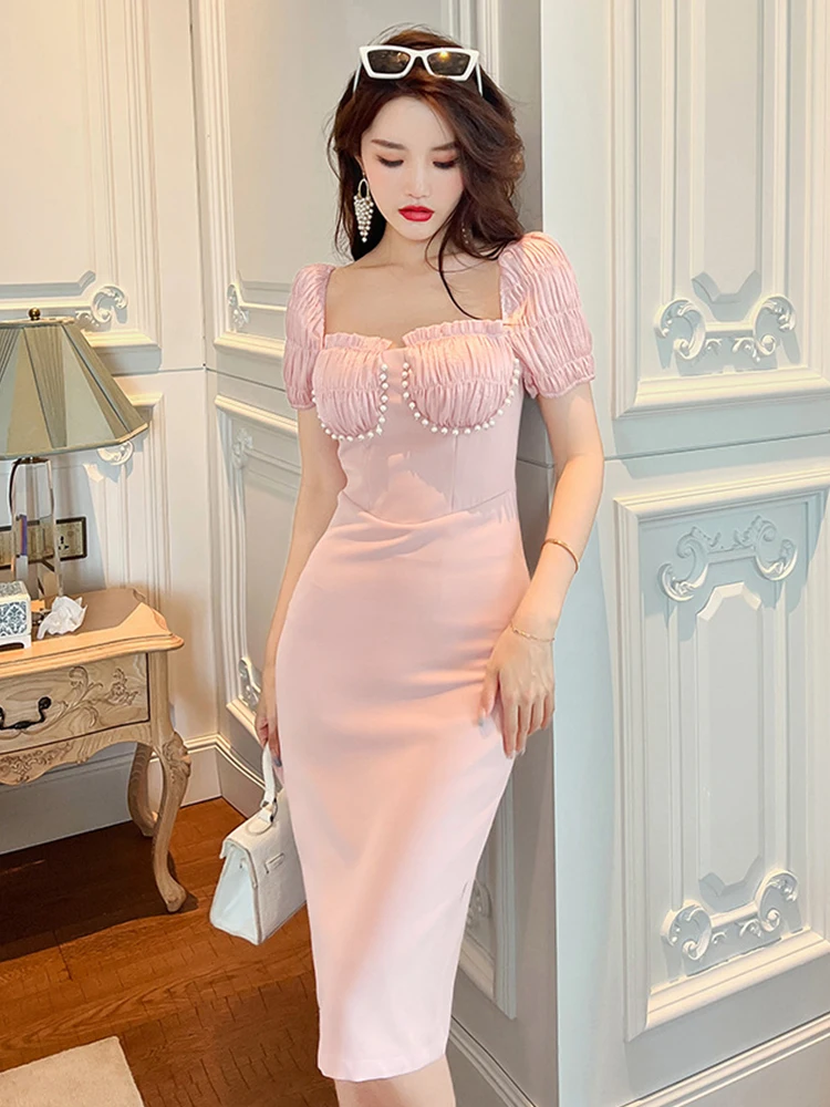 

Summer Dresses for Women 2023 Sweet Girly Elegant Pink Bubble Sleeve Pearl Backless Split Robe Femme Party Date Banquet Vestidos
