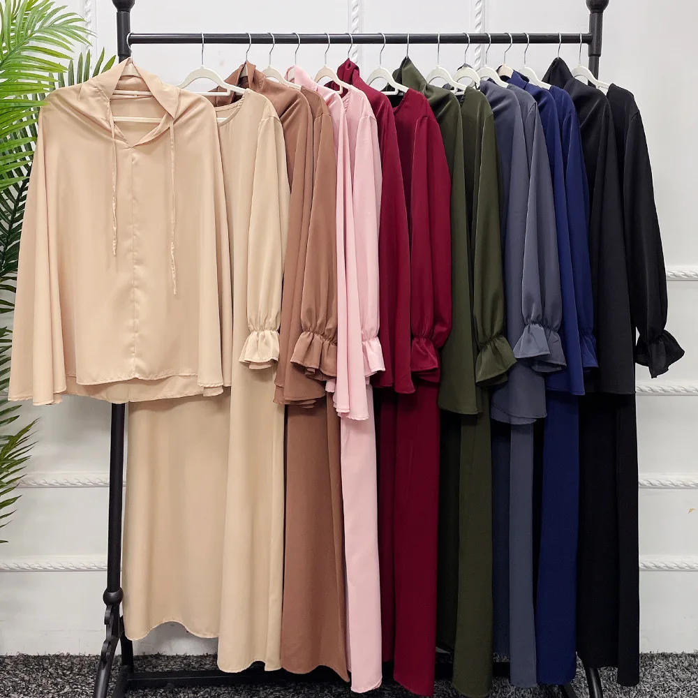 Middle East Dubai Türkiye Solid Elegant Muslim Dress Modest Two Piece Women Muslim Sets Ensemble Femme Musulmane
