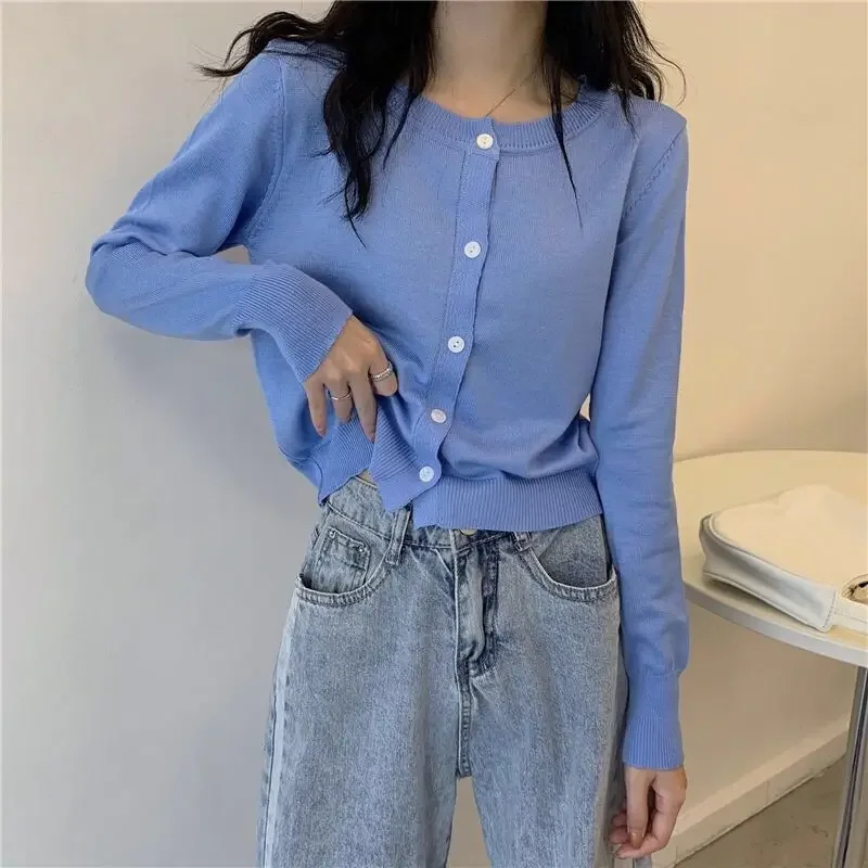 Весна и осень 2020 новый корейский стиль утягивающий вязаный топ с круглым вырезом