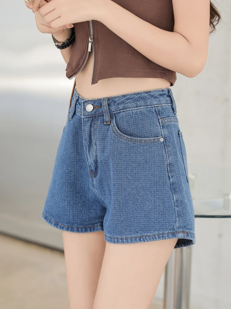 Streetwear Women High Waist Wide Leg Blue Denim Shorts Summer Female Button Loose Retro Jeans Shorts Bottoms