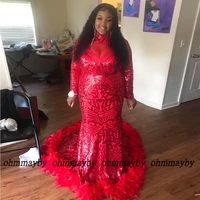 ohmmayby plus size red feather prom gowns for women high neck mermaid evening dresses 2022 hot sale vestidos de fiesta zopper