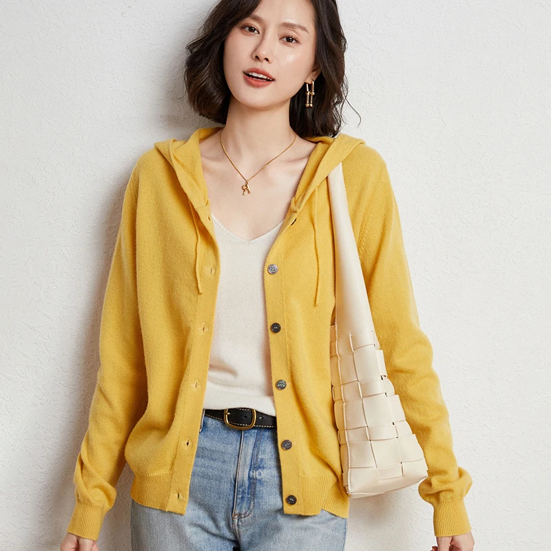 

Autumn And Winter New 100% Wool Knitted Hooded Cardigan Women Loose Soft And Comfortable All-Match Sweater Fashion Trend Top